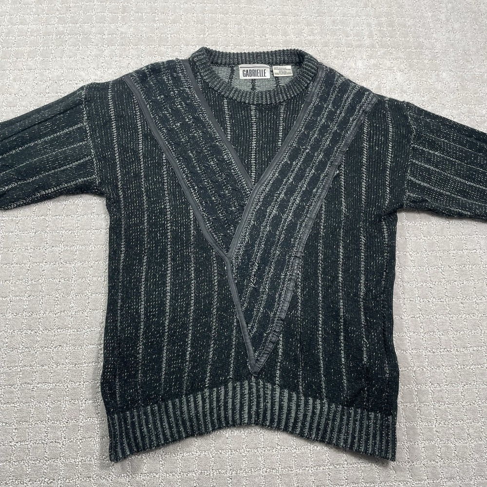 VTG 80s Gabrielle Black & Gray Acrylic Leather Sz Large Geometric Knit Sweater - Picture 2 of 6